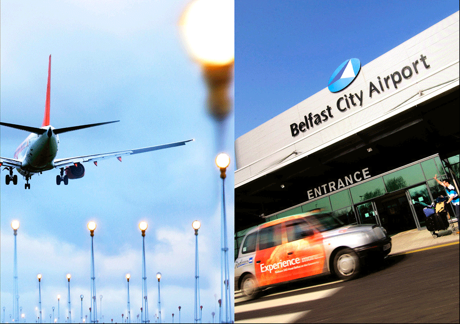 Belfast City Airport signage, airport entrance and plane landing
